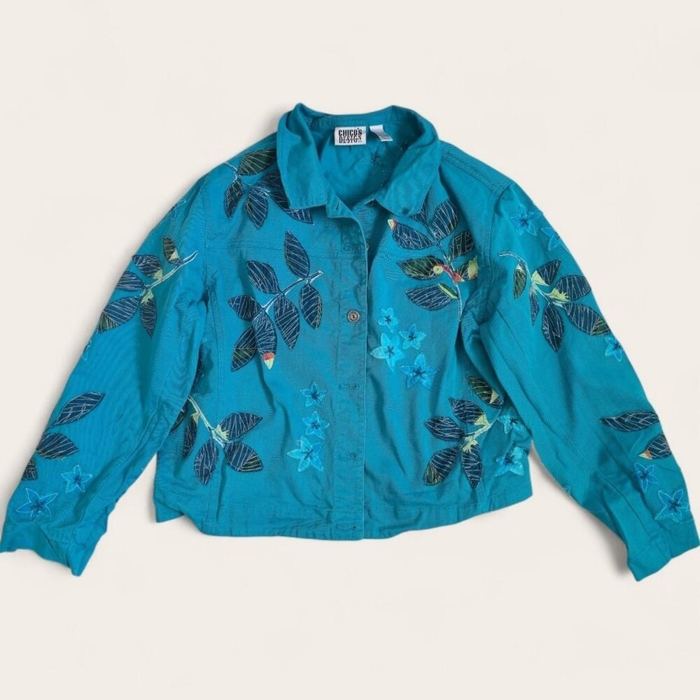 Chico's Vintage Teal Floral Embroidered Grandmacore Blazer
